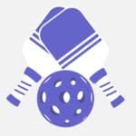 A blue and white logo of a ball with two bats.